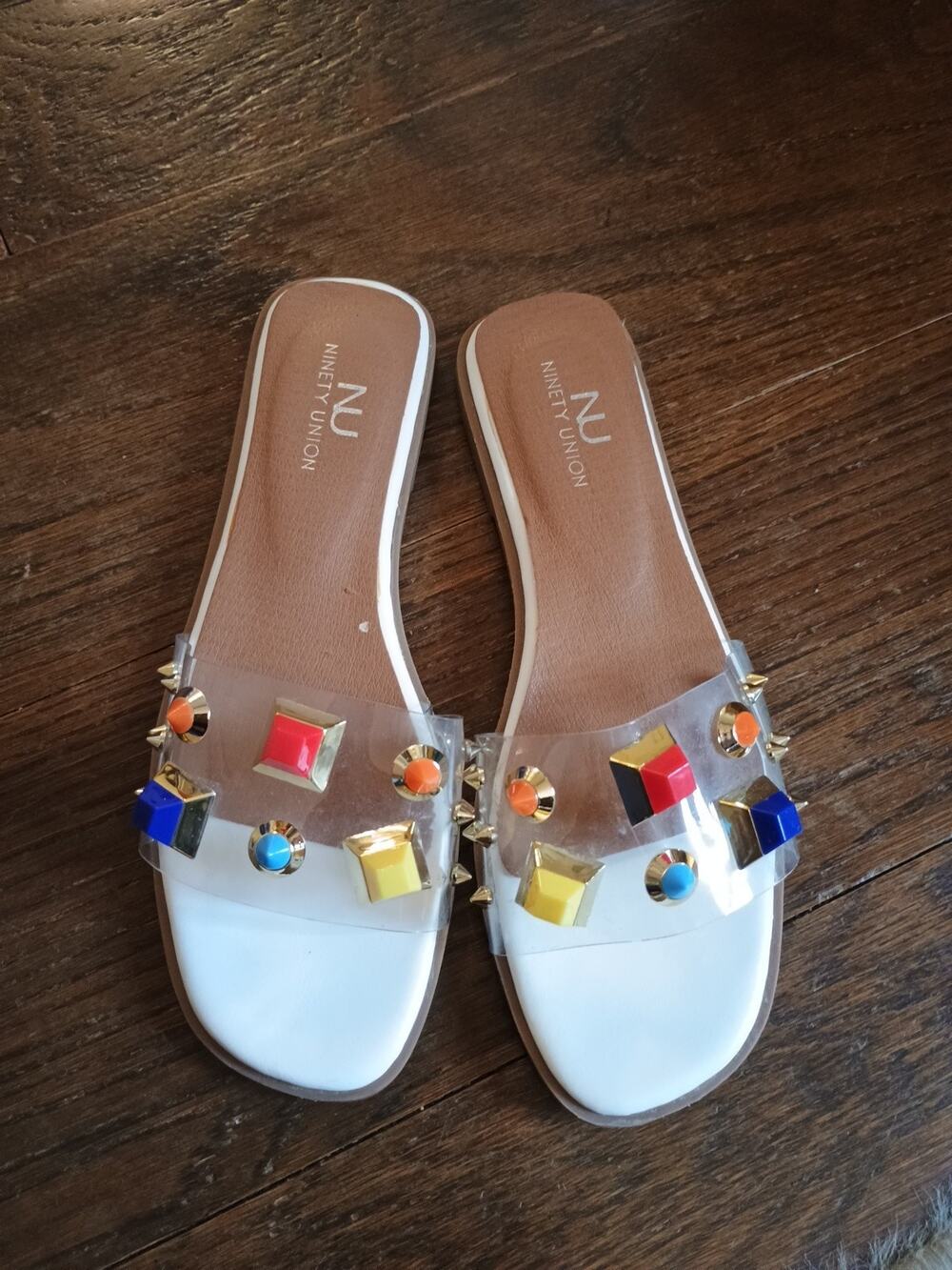 Ninety Union Slides Sandals flats open toe Clear w 3D Raised Geometric Beads 8.5